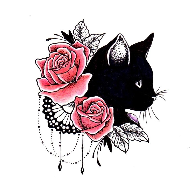 Color sketch cat with roses