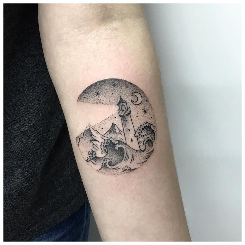 Landscape tattoo on the arm of a man