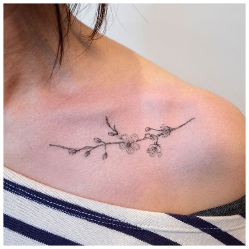 Gentle tattoo on the collarbone of a girl