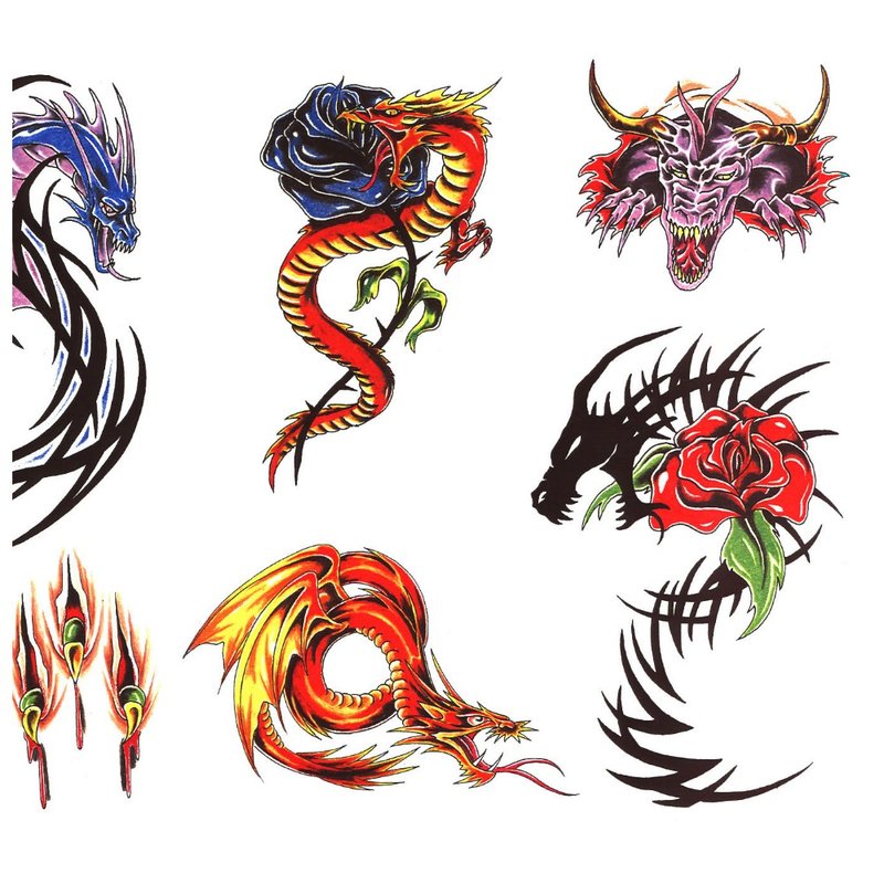 Sketches of small colored dragon tattoos