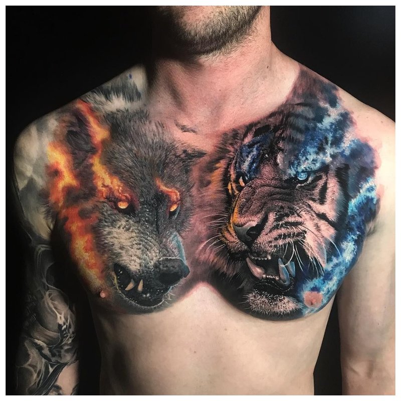 Animal confrontation - chest tattoo