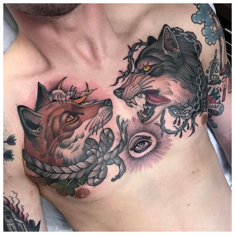 Animals in the forest - tattoo on the chest of a man