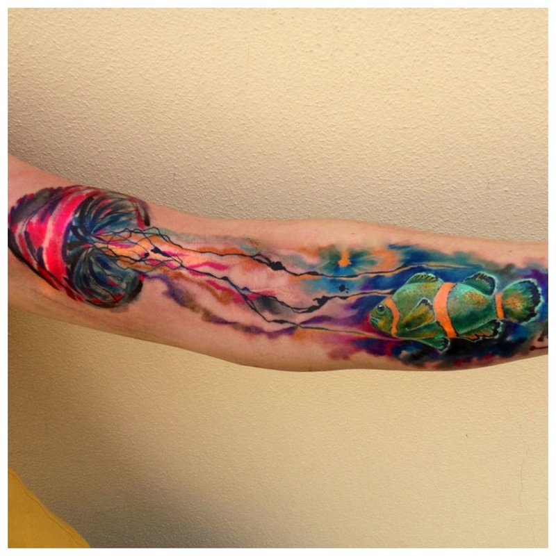 Watercolor tattoo on the forearm