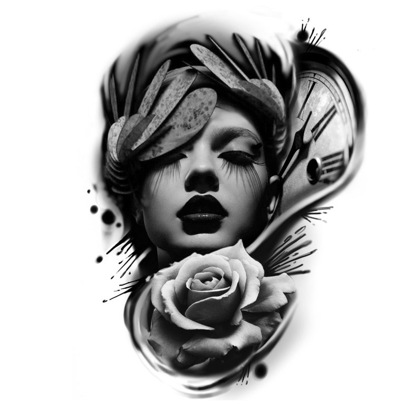 Black and white sketch of a tattoo with a portrait