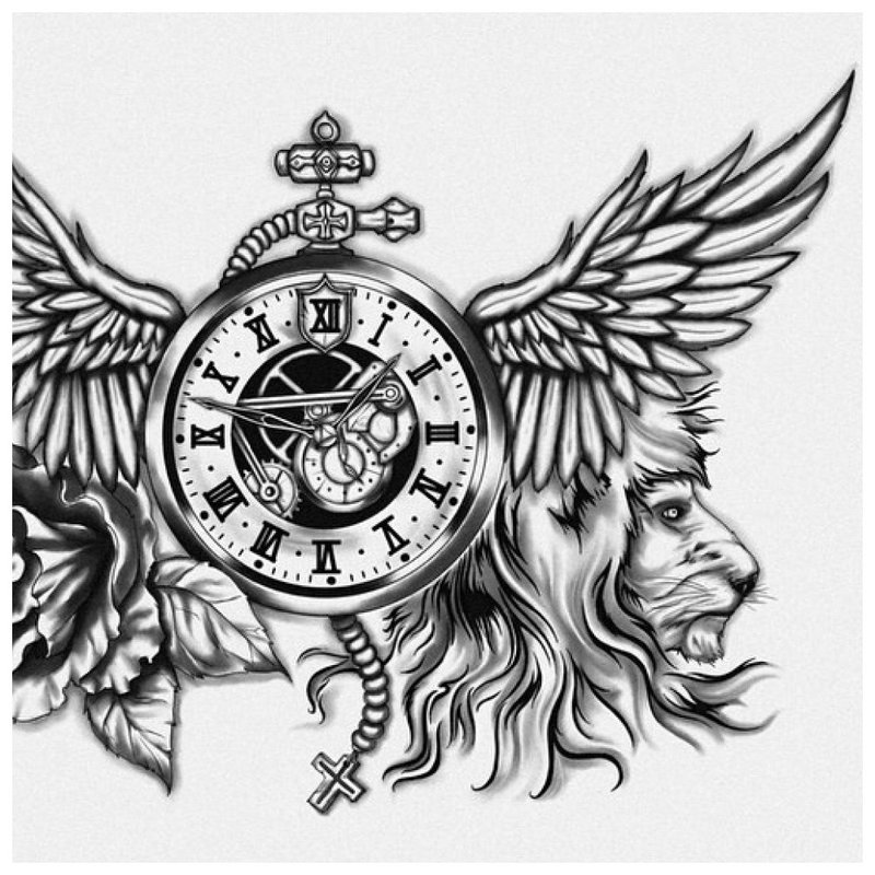 Sketch of a tattoo with a lion and a clock.