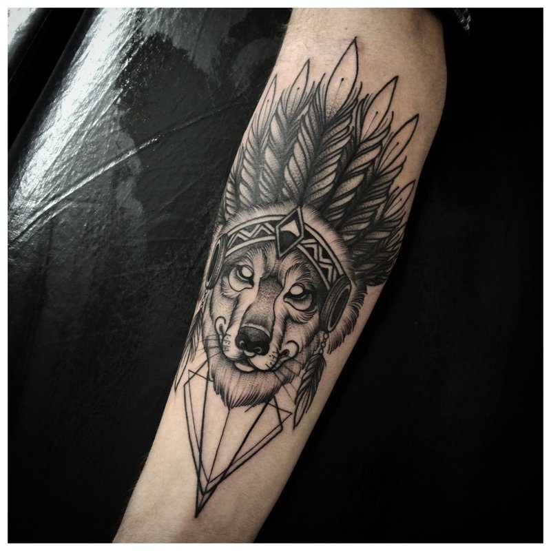 Unusual wolf tattoo on a man's arm