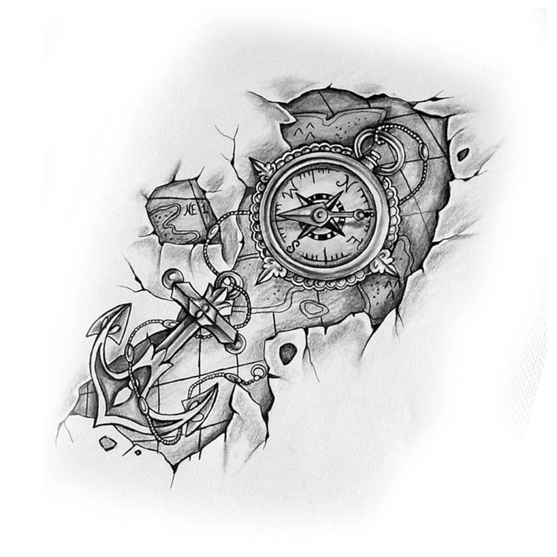 Sketch of tattoo with a clock and an anchor