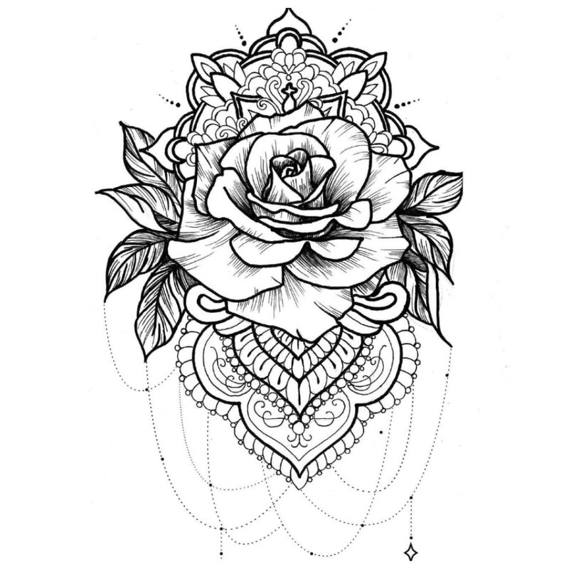 Black and white sketch of a rose in ethnic style.