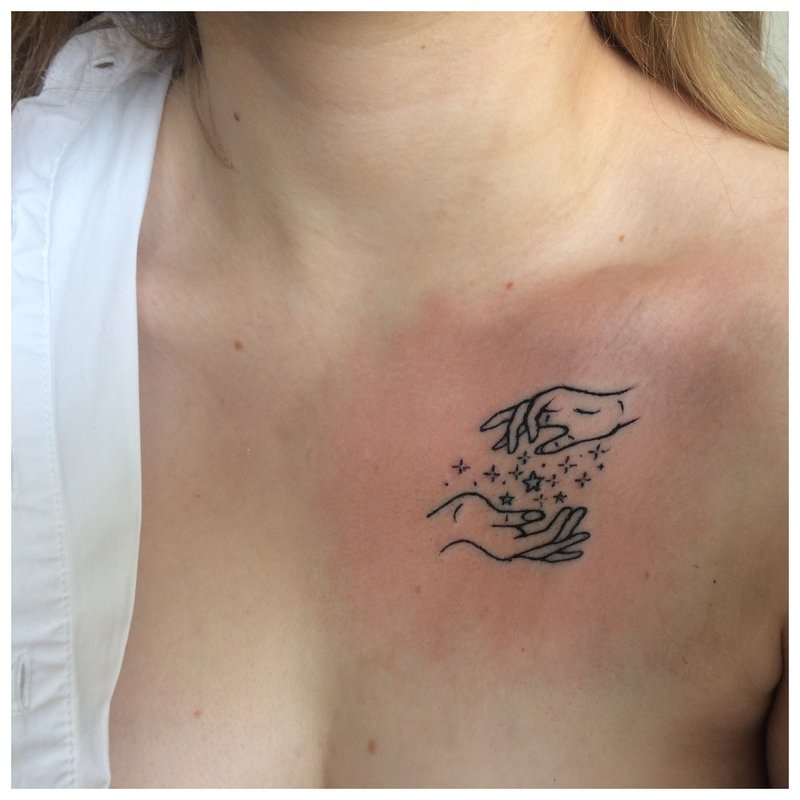 Two arms - tattoo under the collarbone