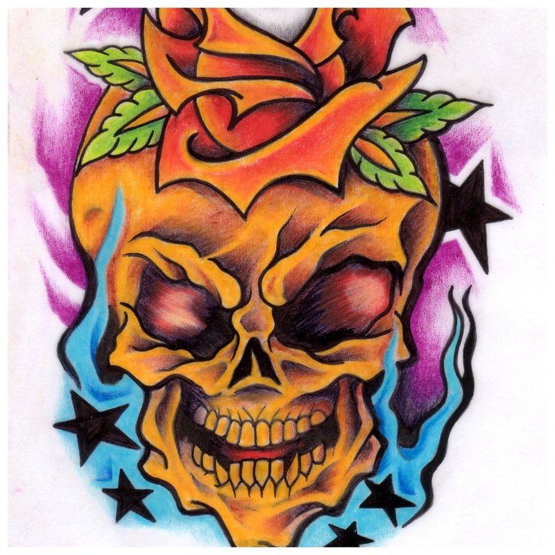 Skull with a rose in color