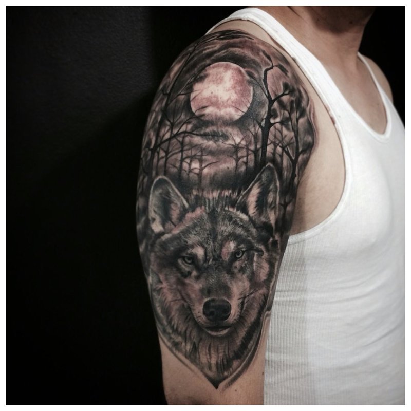 Wolf in the forest - tattoo on the shoulder