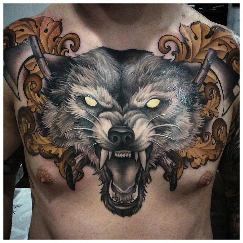 Angry Wolf - Tattoo on the whole chest of a man