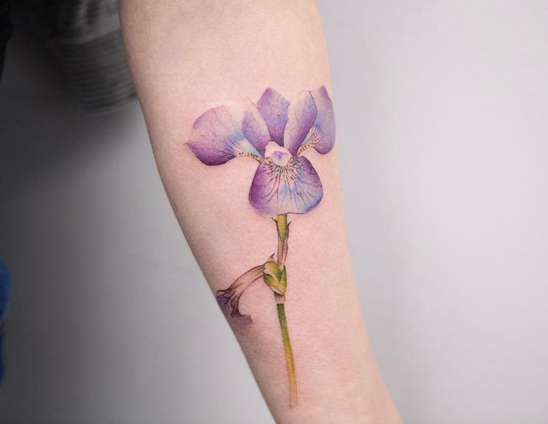 Watercolor flower tattoo on the forearm