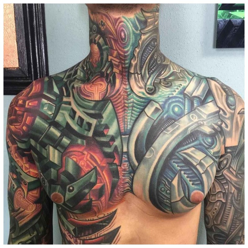 Cyberpunk style chest and shoulder tattoos