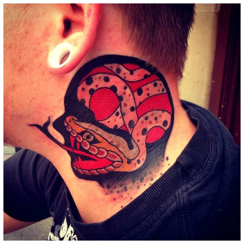 Colorful tattoo on the neck of a man