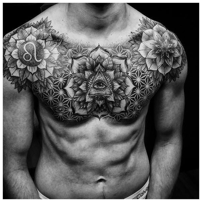 Dotovik style tattoo on a man on a sternum