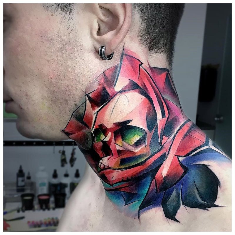 Color skull - an unusual tattoo on the neck of a man