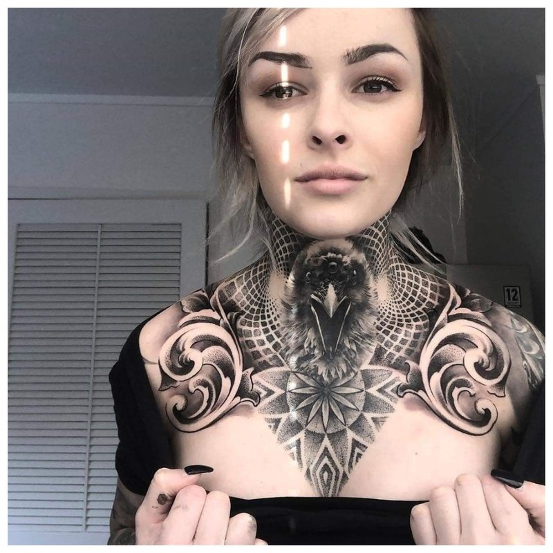 Tattoo on the neck in front of a woman