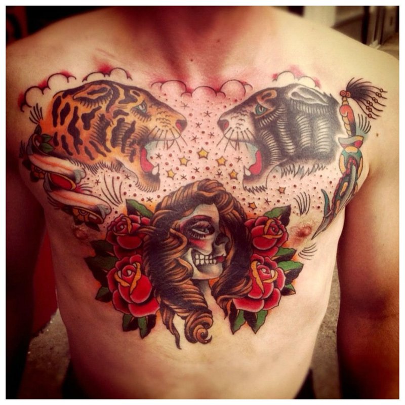 Unusual floral tattoo on the chest of a man