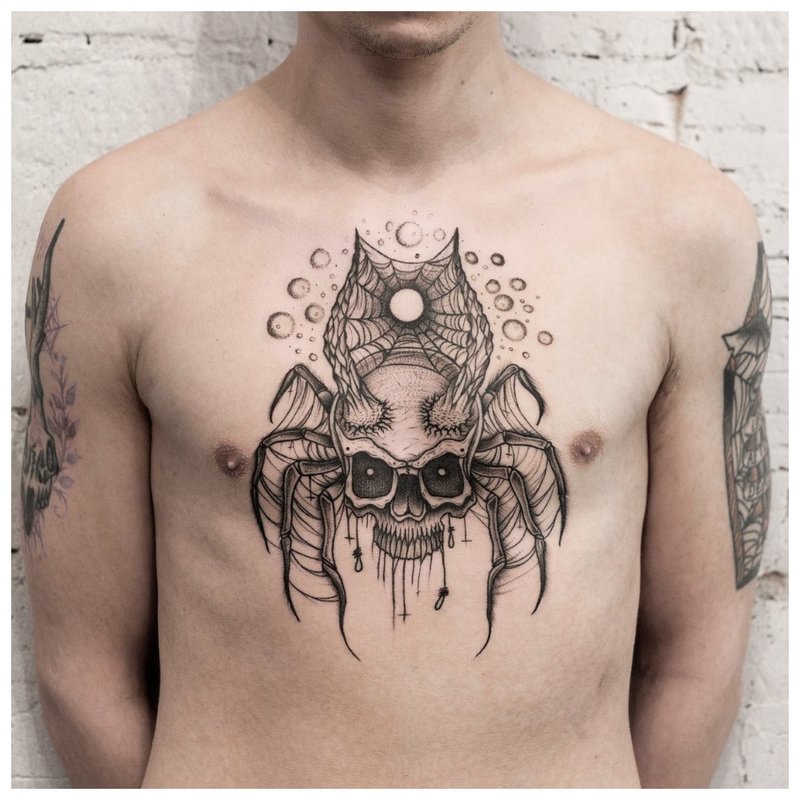 A spider tattoo in the style of a do-it-yourself chest on a man