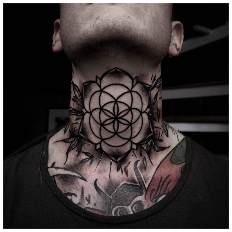 Tattoo on the neck in front of a man