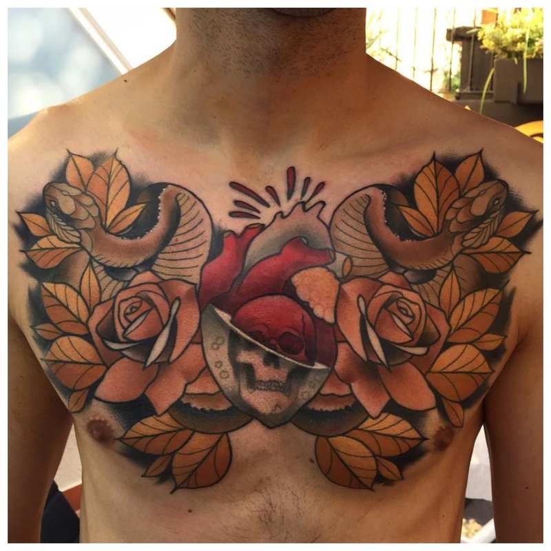 Bright flowers - tattoo on the chest of a man