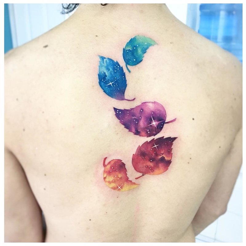 Watercolor tattoo on the back. Feathers.