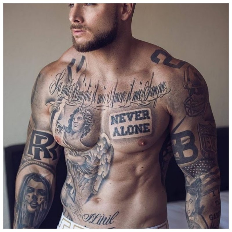 Tattoos in the form of an inscription on the chest of a man