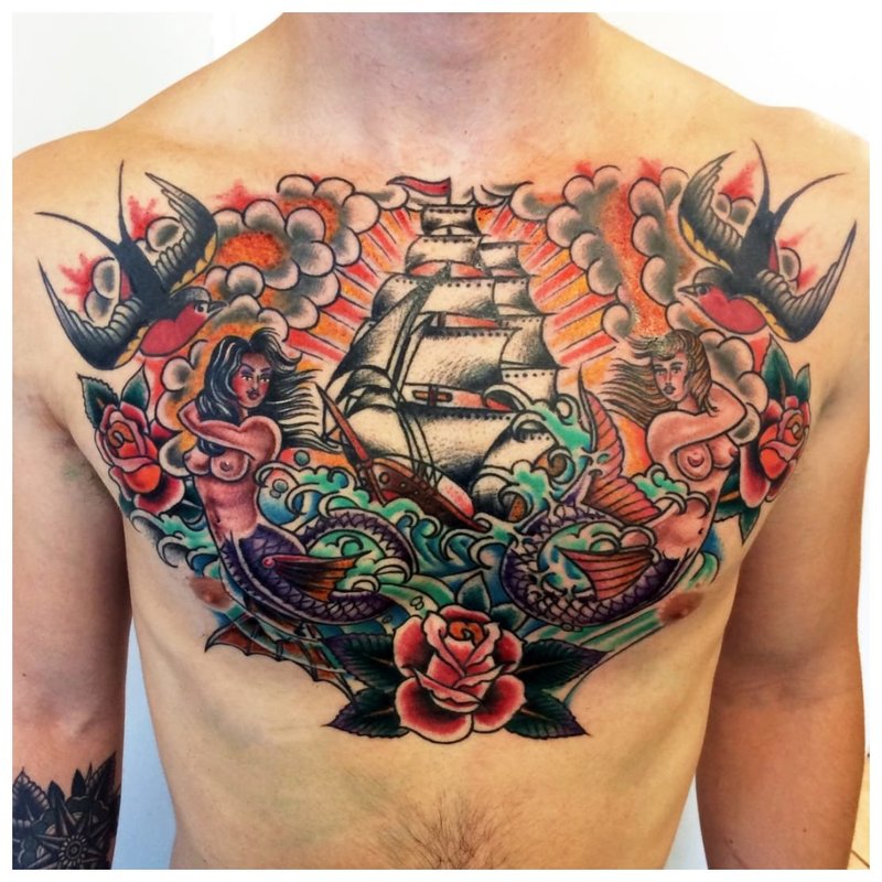 Flower tattoo on the whole chest of a man