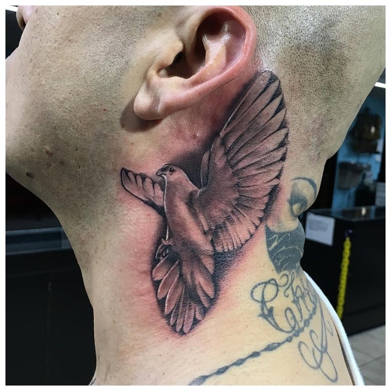 Tattoo of a bird on the neck of a man